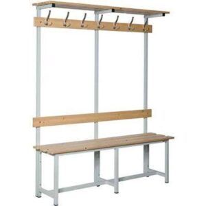 Banco individual de madera con estante y percheros